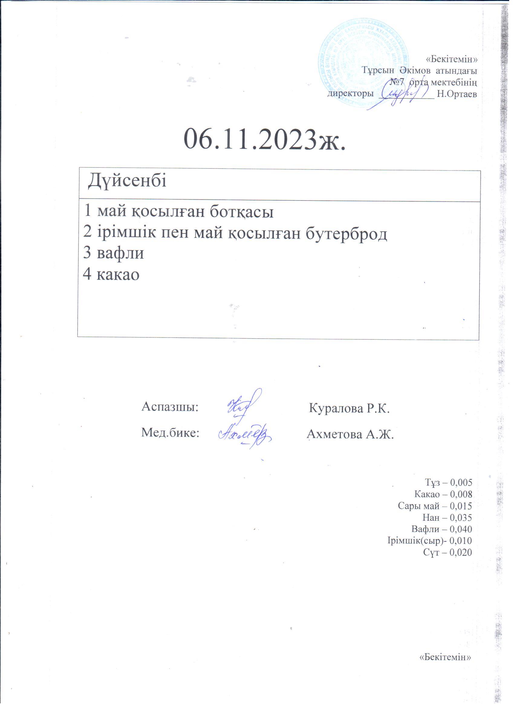 06.11-07.11.2023 күндері бойынша ас мәзірі
