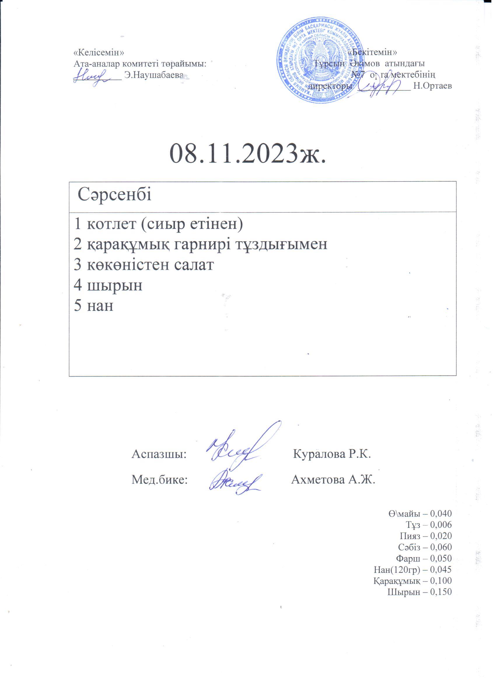08.11-09.11.2023 күндері бойынша ас мәзірі