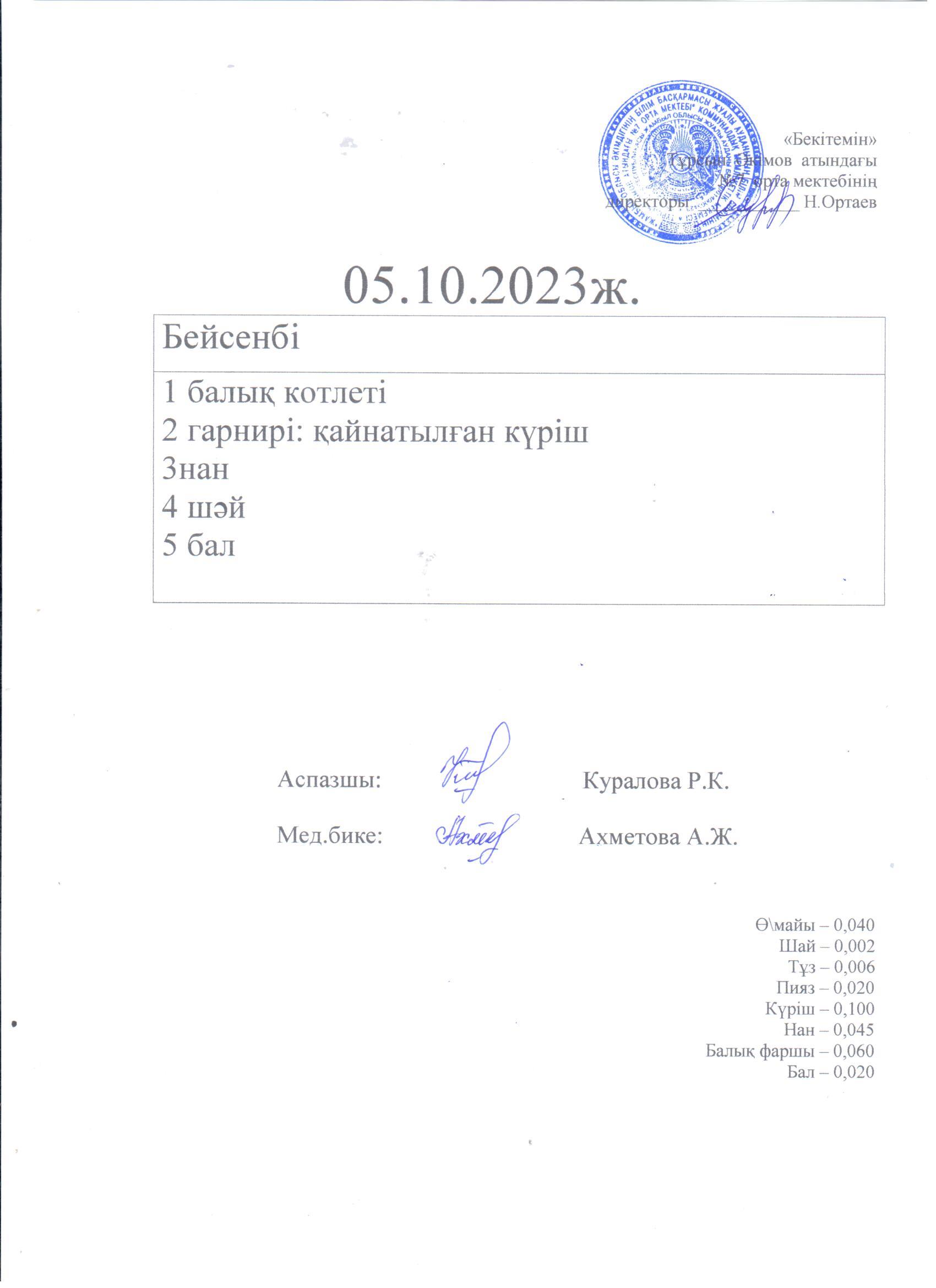 05.10.2023. Бейсенбі ас мәзірі