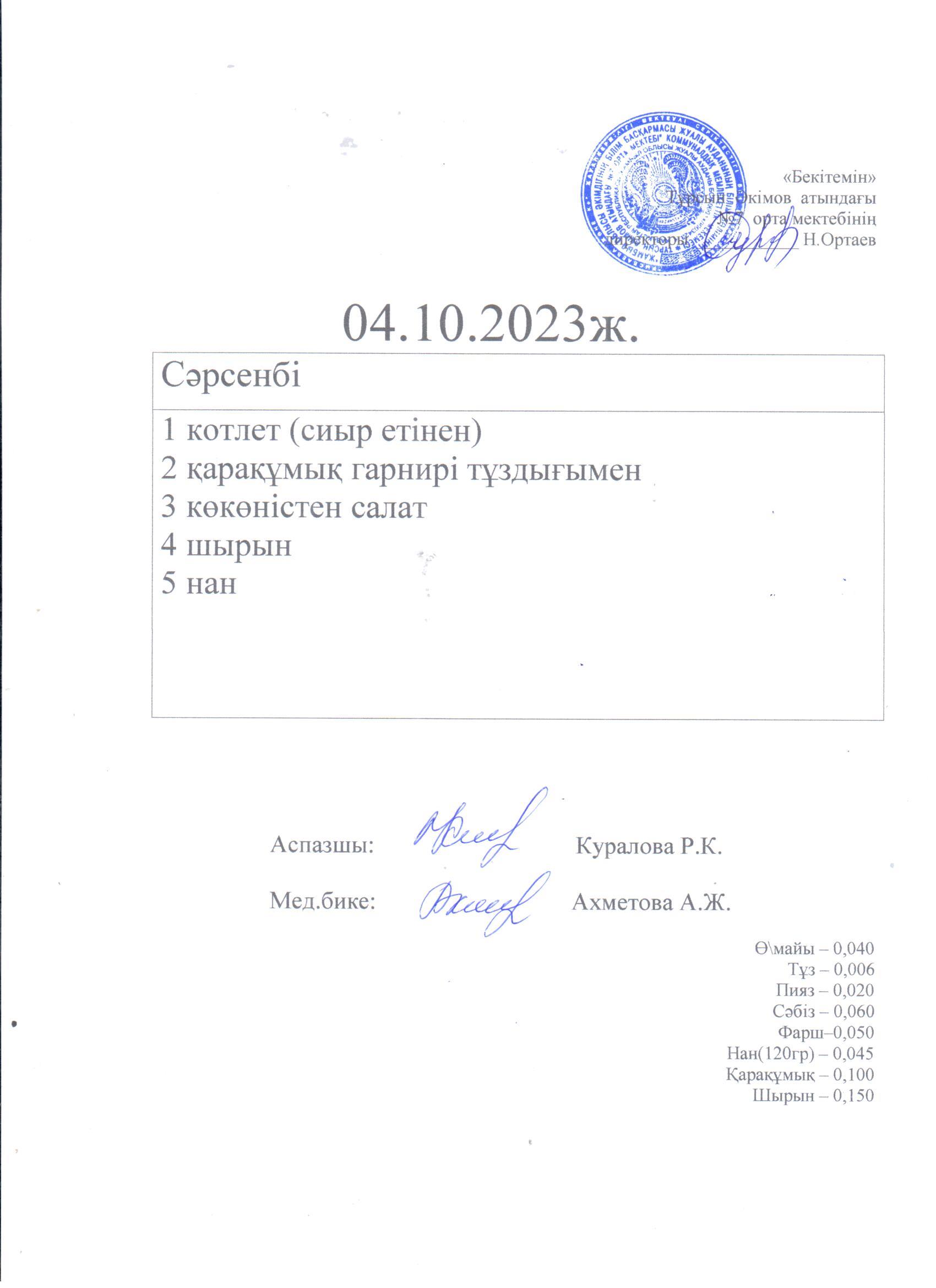 04.10.2023  Сәрсенбі ас мәзірі