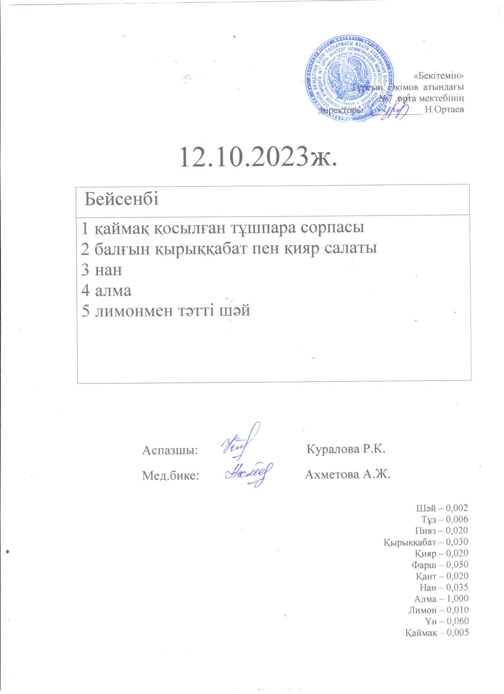 12.10.2023.  Бейсенбі ас мәзірі