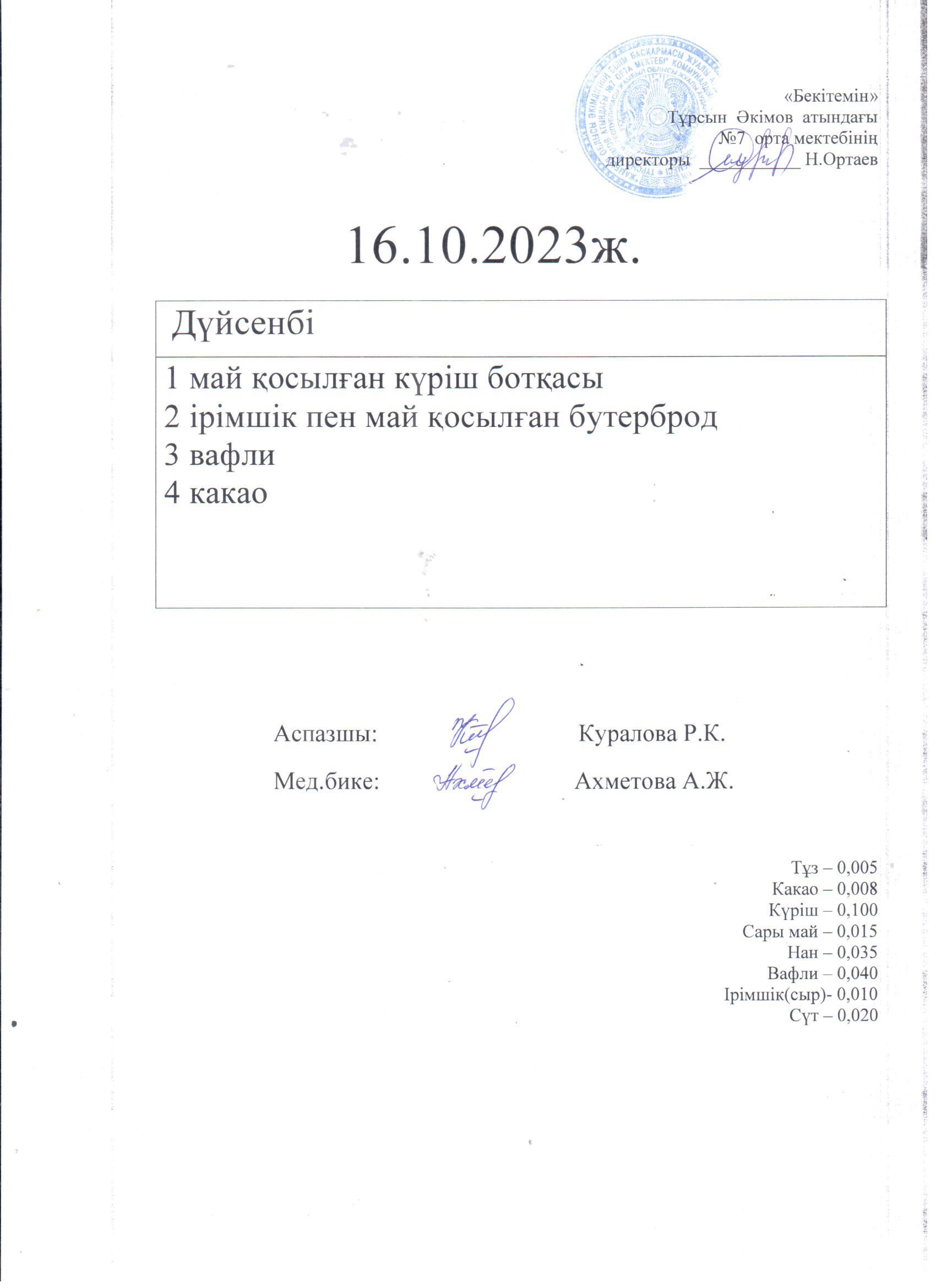 16.10.2023. Дүйсенбі ас мәзірі