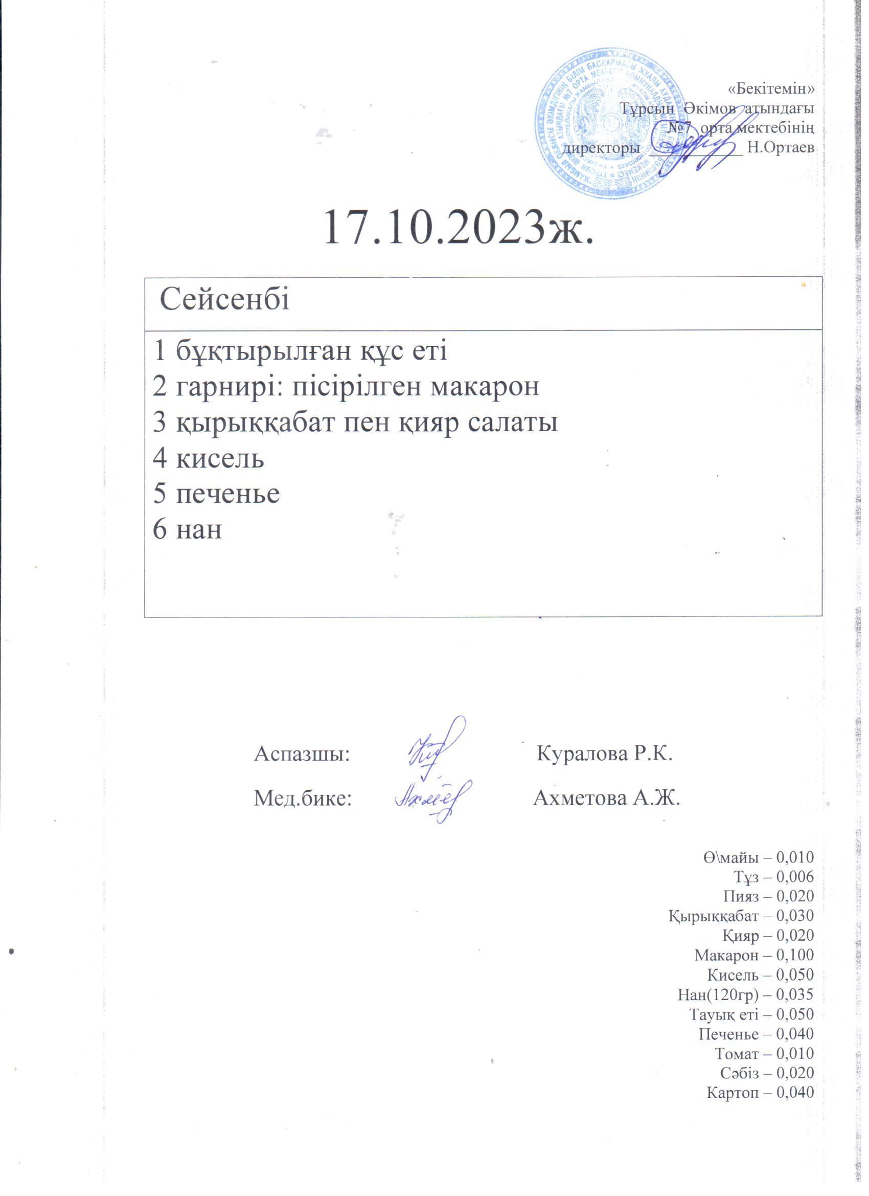 17.10.2023. Сейсенбі ас мәзірі