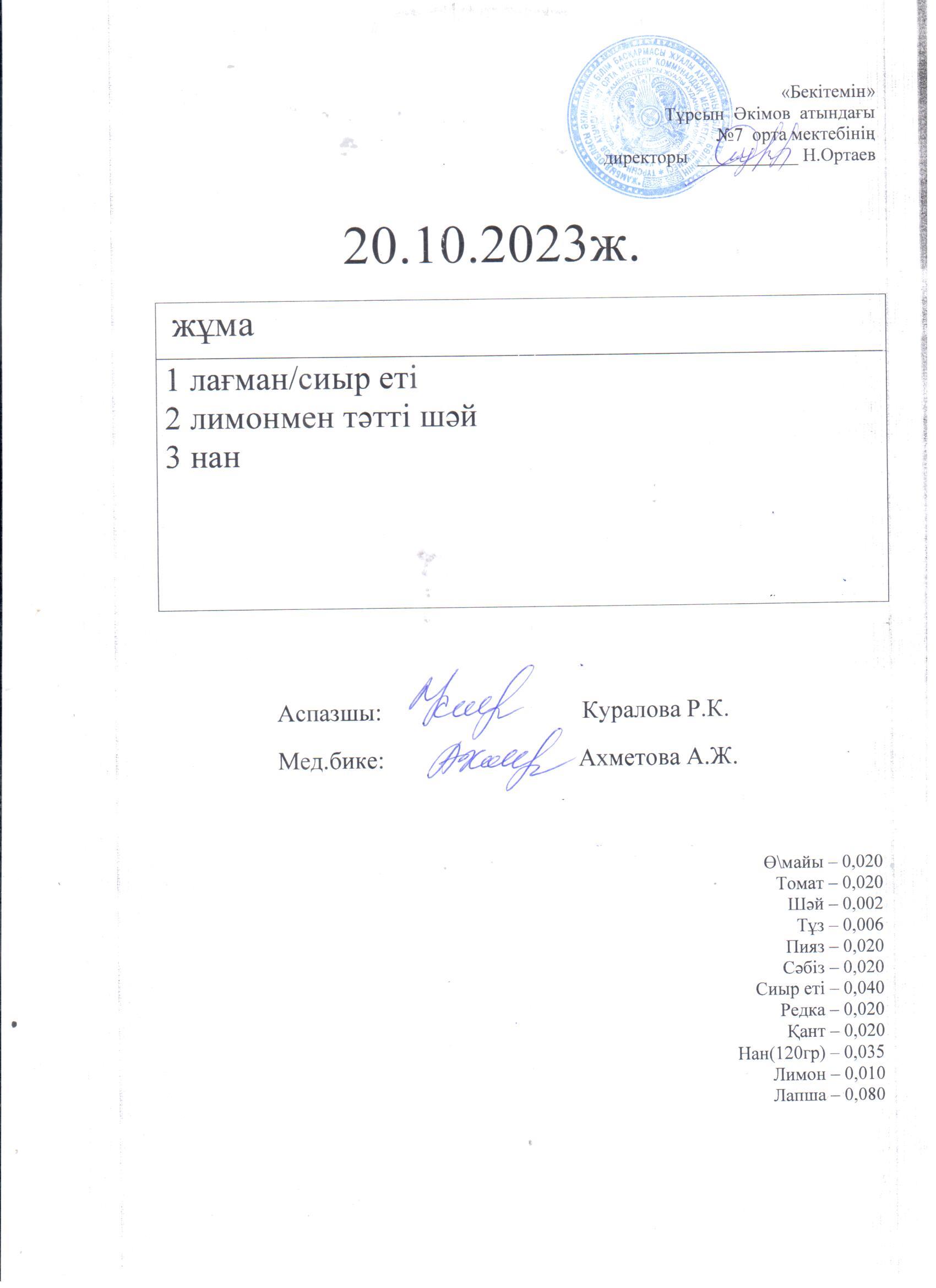 20.10.2023. Жұма ас мәзірі