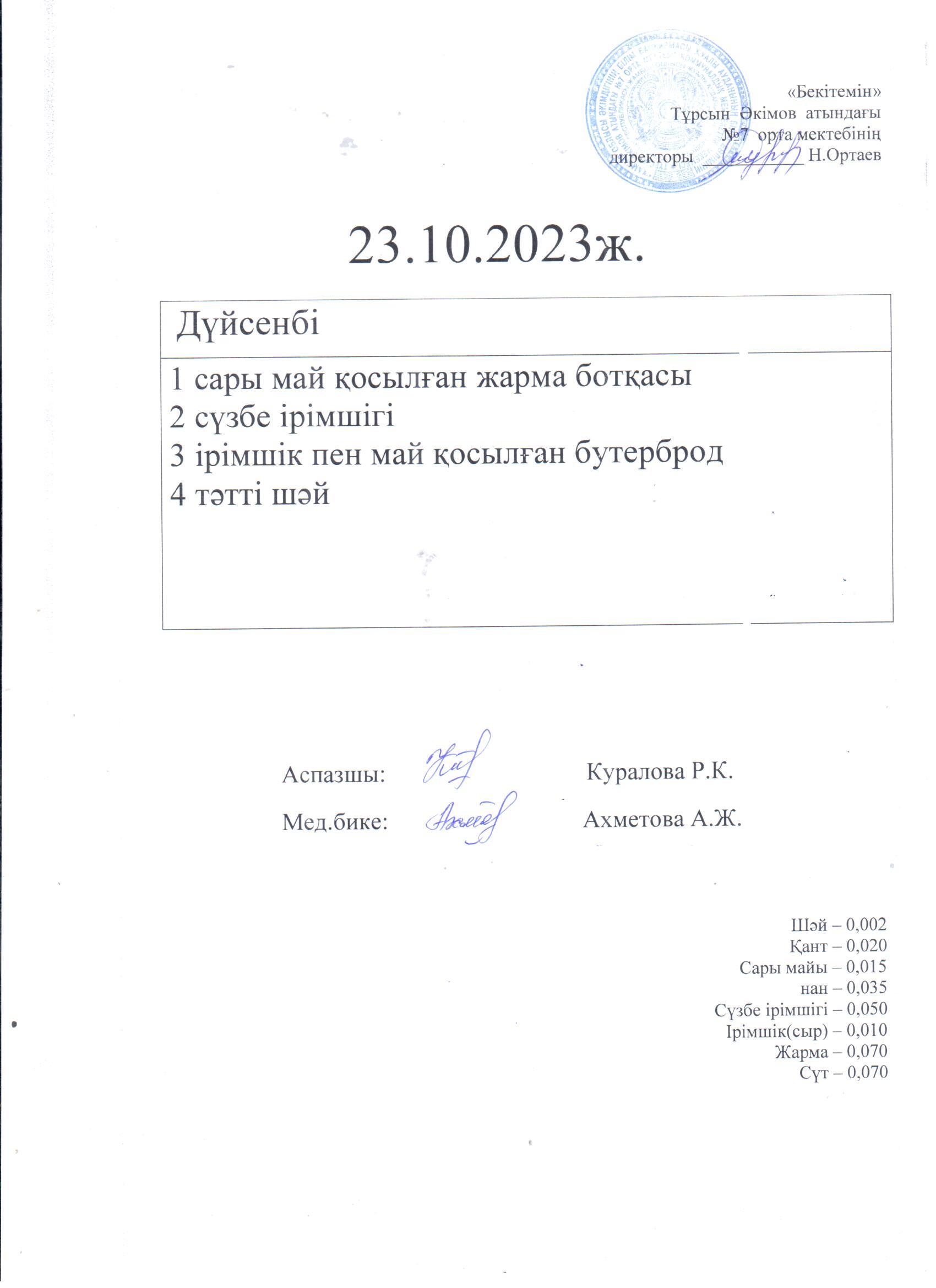 23.10.2023.  Дүйсенбі ас мәзірі