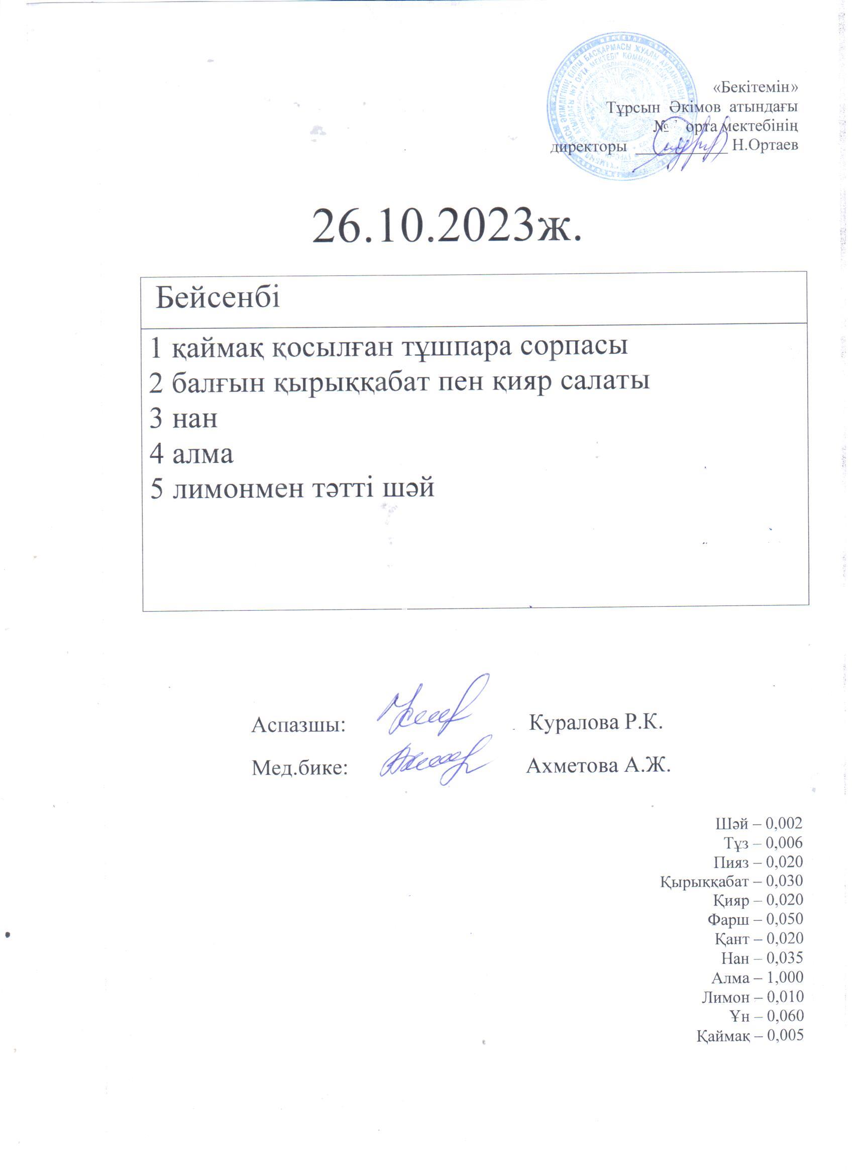 26.10.2023. Бейсенбі ас мәзірі