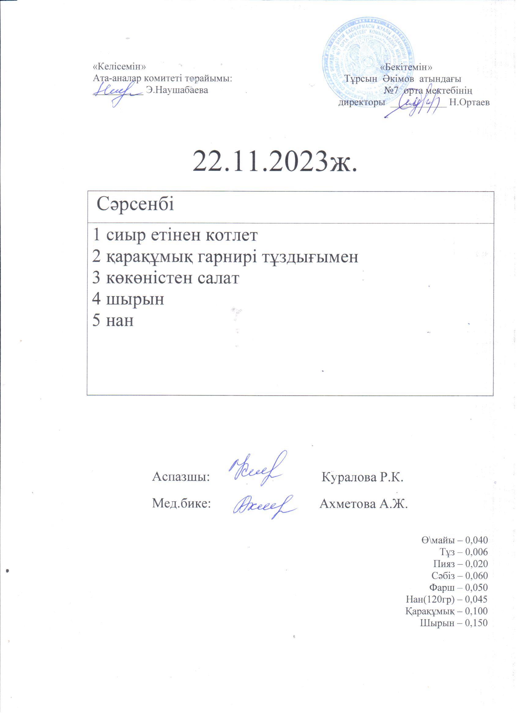 22.11.2023 күнге арналған ас мәзірі