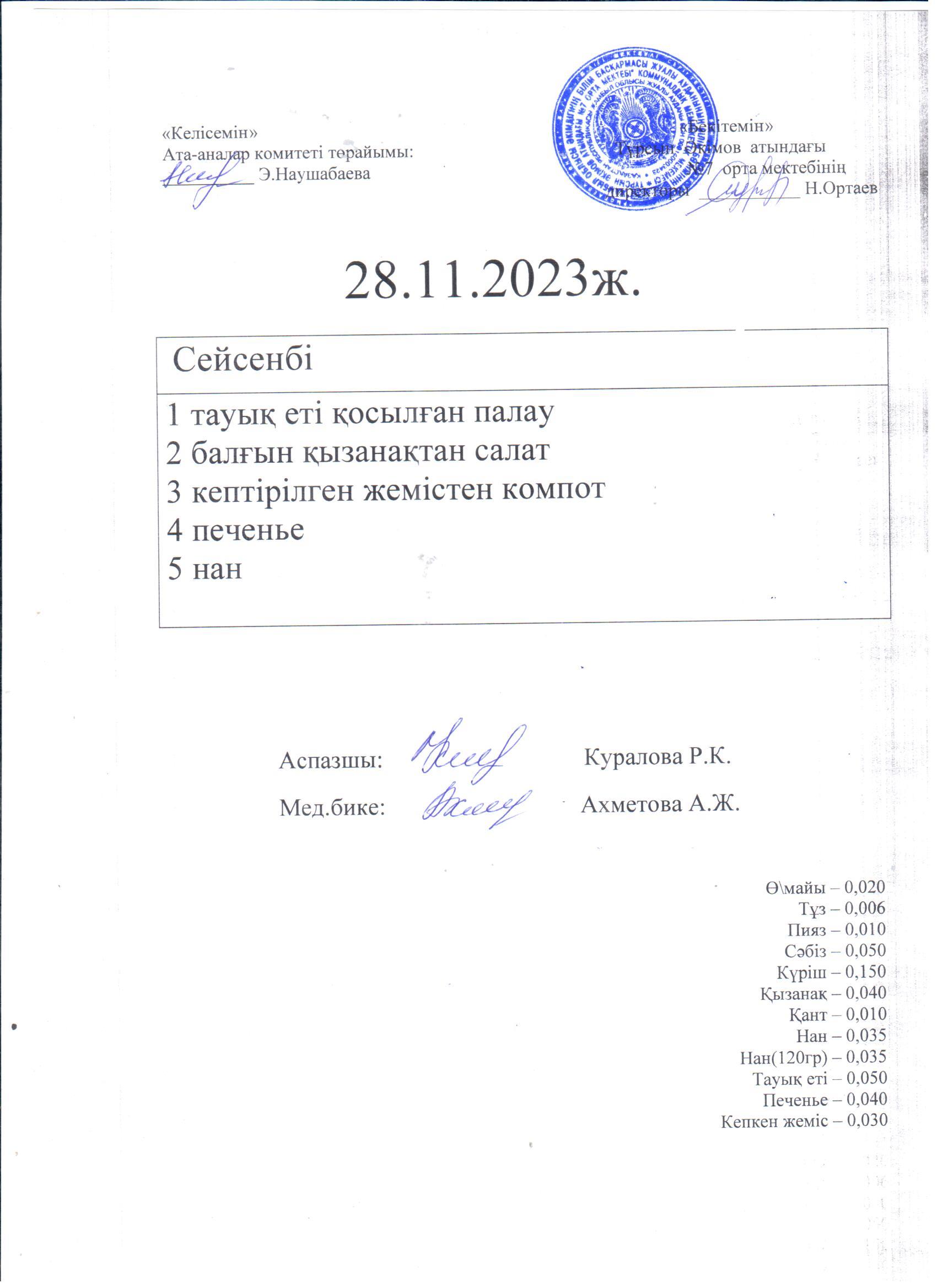 28.11.2023.  Сейсенбі ас мәзірі
