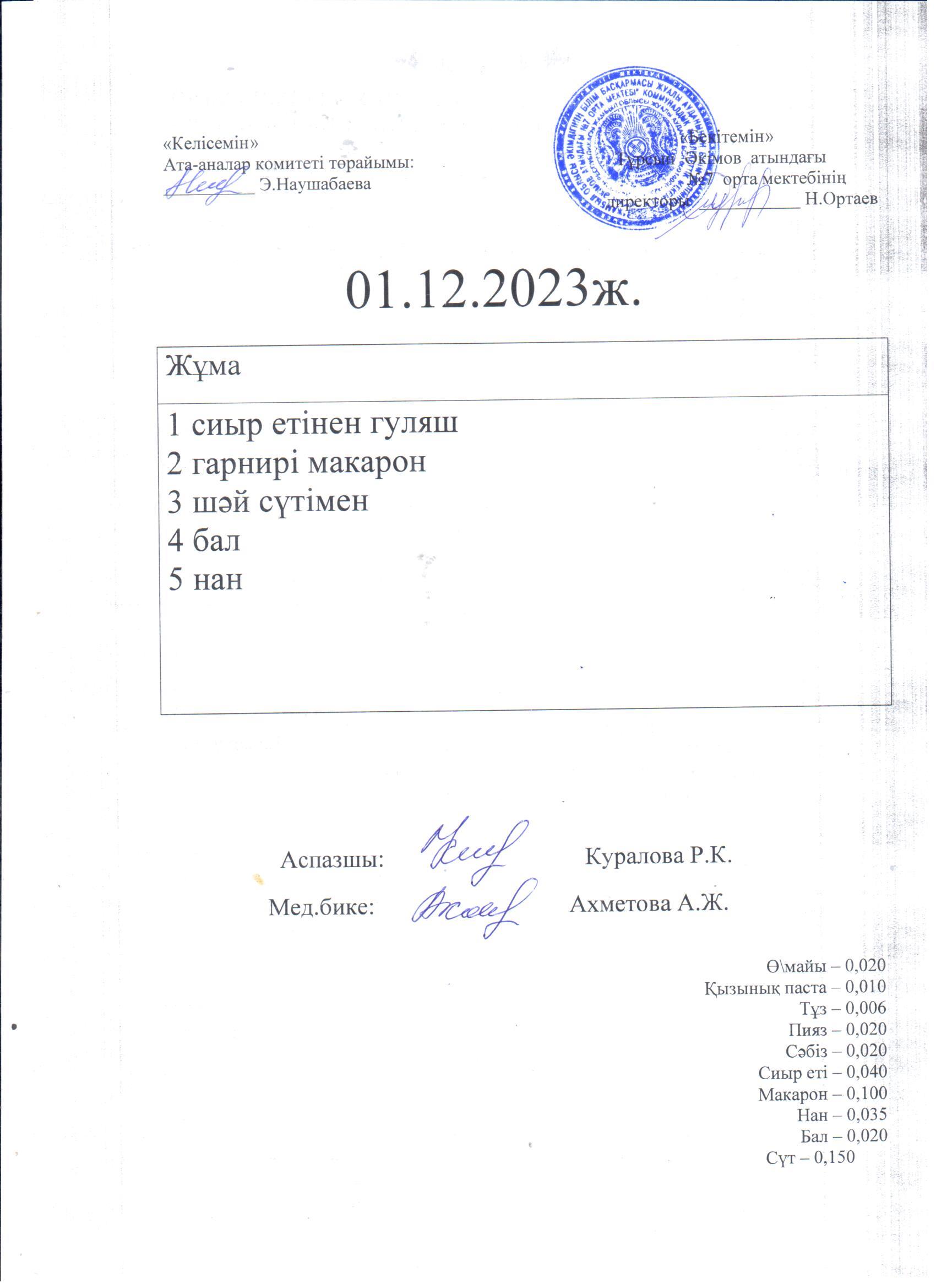 01.12.2023  жұма күнгі ас мәзірі