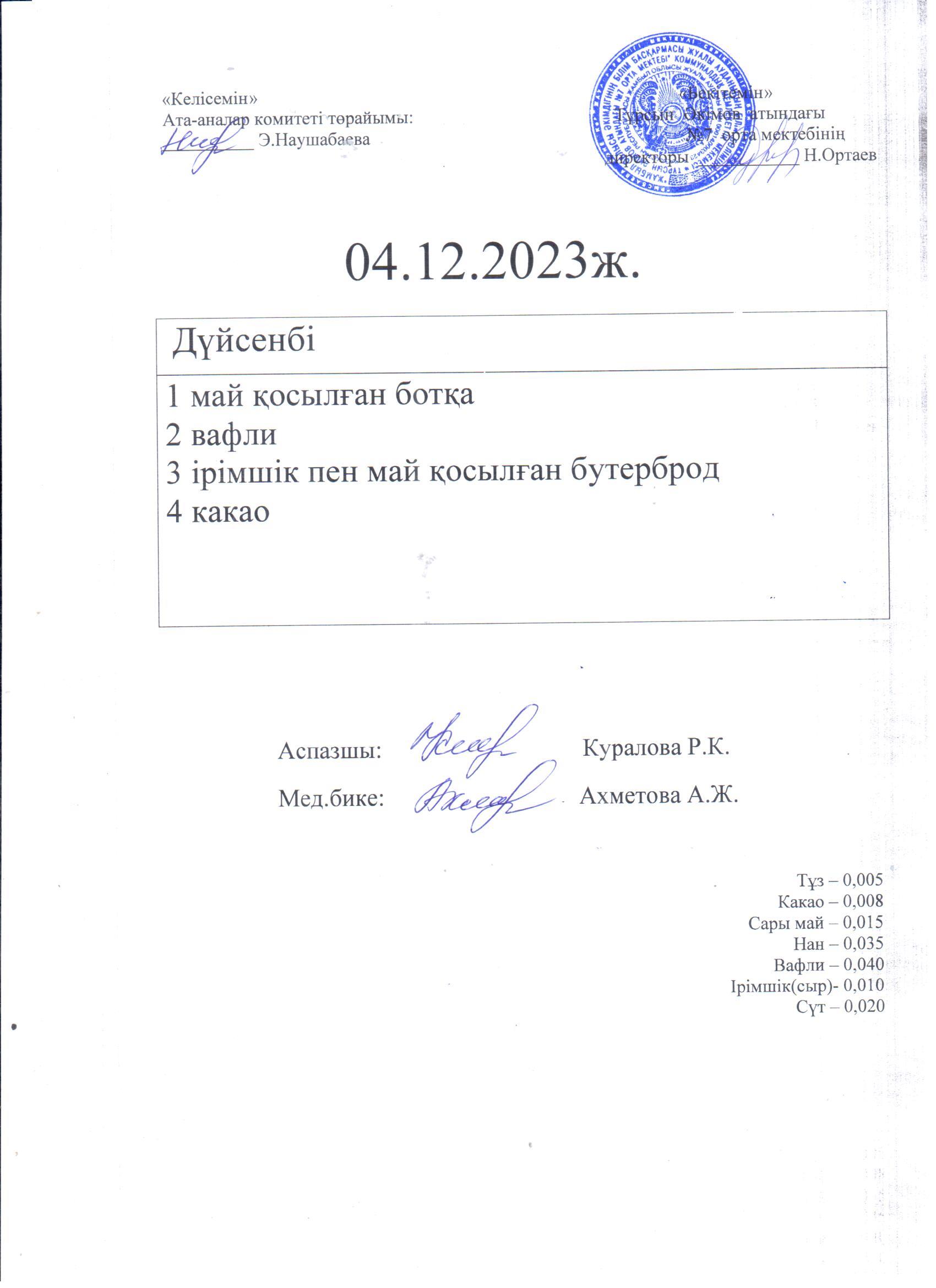 04.12.2023 дүйсенбі күнгі ас мәзірі
