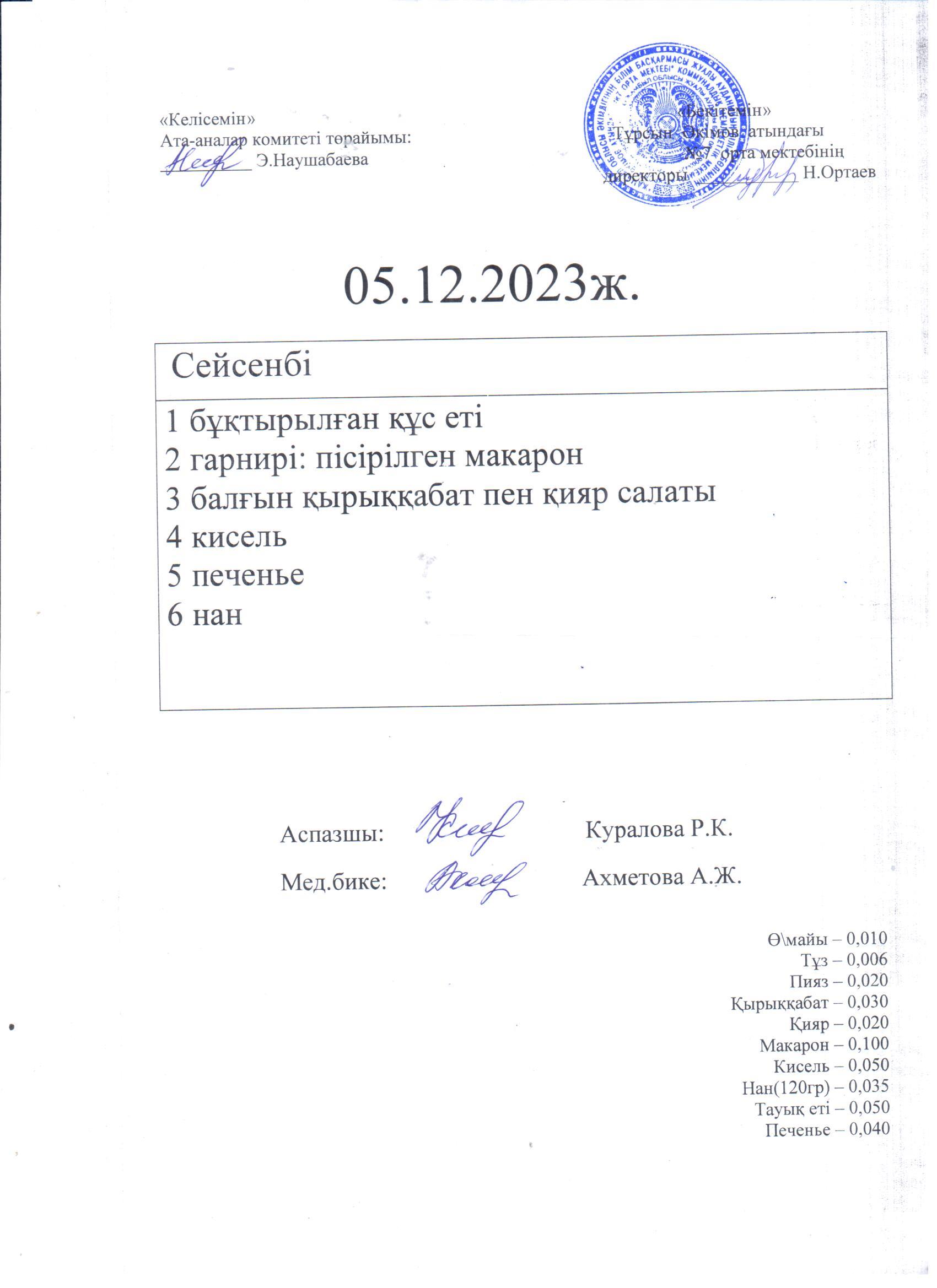 05.12.2023  Сейсенбі күнгі ас мәзірі