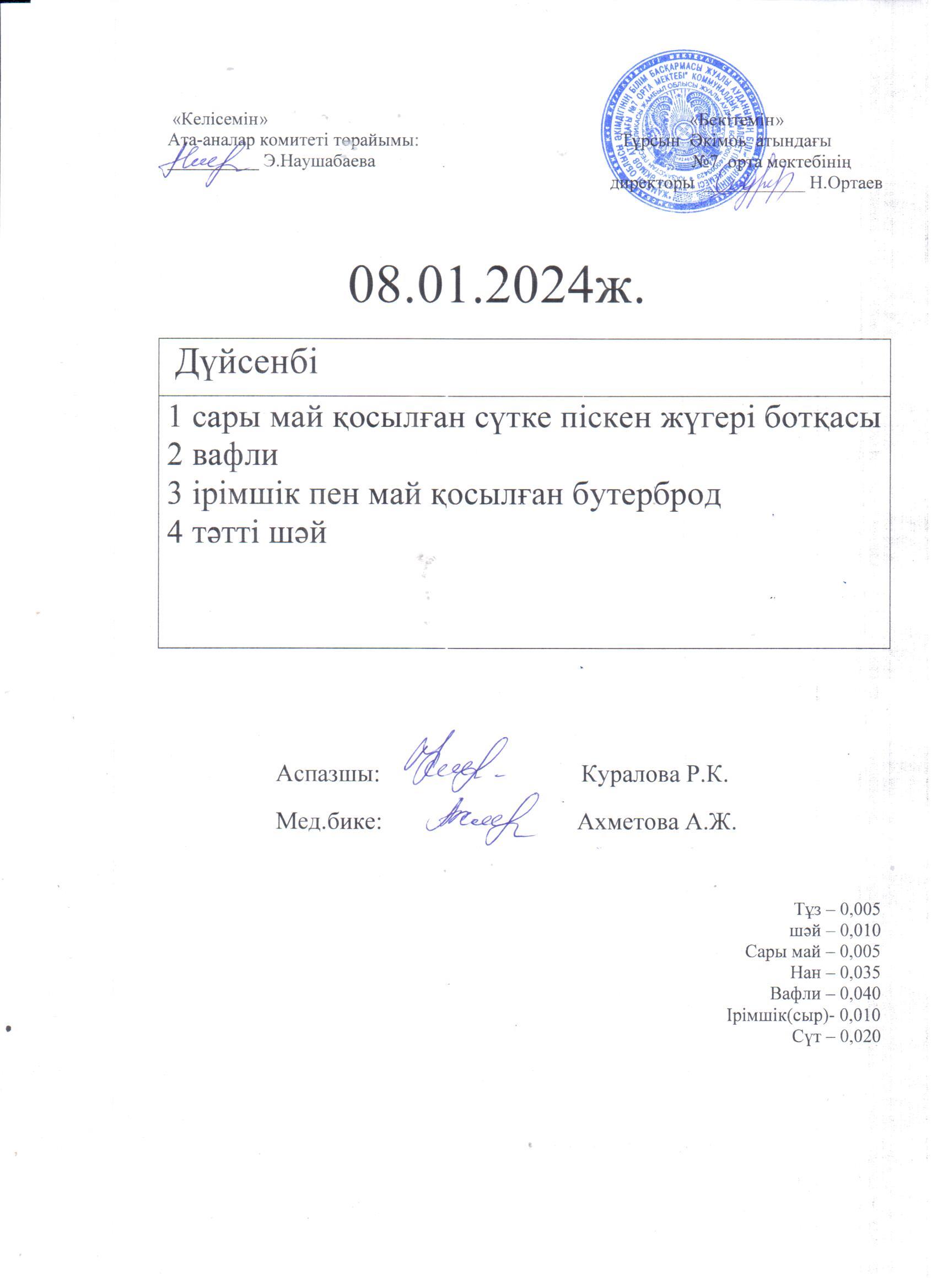08.01.2024ж. дүйсенбі күнге арналған ас мәзірі
