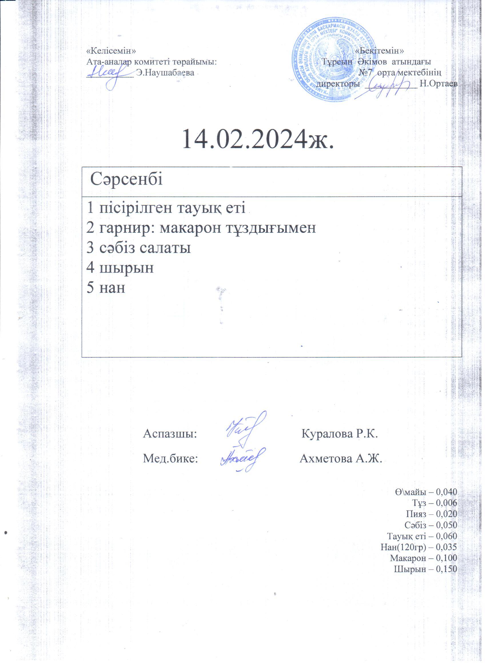 14.02.2024.күнге арналған ас мәзірі