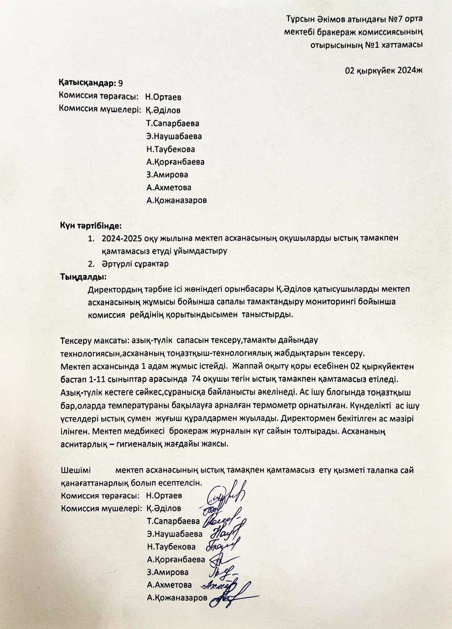 Т.Әкімов ат.№. ОМ бракераж комиссиясының №1 хаттамасы